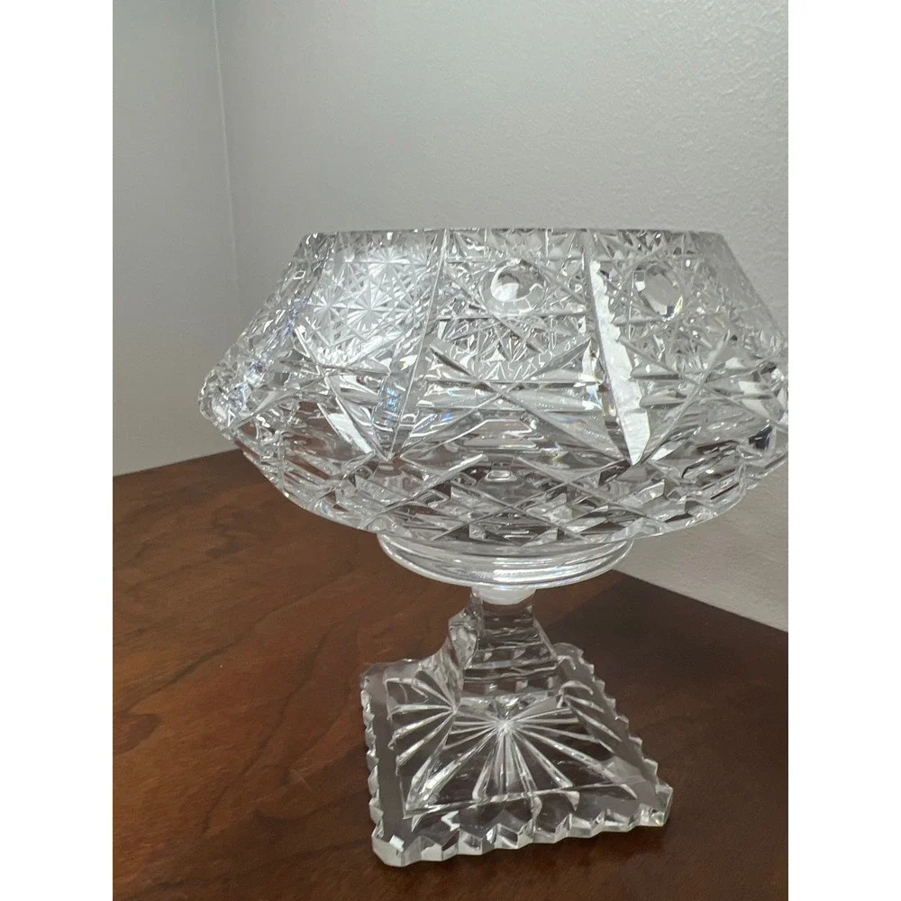 Vintage Cut‎ Crystal Glass Pedestal Compote  Vase ABP Style Hobstar 6.5